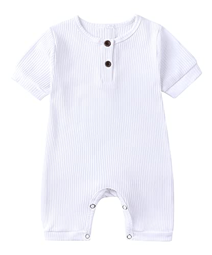 Happy Cherry Baby Strampler Kurzarm Baumwolle Jumpsuit Spielanzug Mädchen Jungen Bodysuits Strampelanzug Sommer Kleinkind Schlafanzug Baby-Nachtwäsche Krabbelanzug Einteilig Outfits-Weiß-90cm von Happy Cherry
