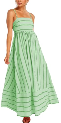 Damen Ästhetisches Kleid Spaghettiträgern Ärmelloses fließendes Kleid Strandparty Strappy Langkleid Bohemian Gestreiftes A-Linien Kleid Grün S von Happy Cherry