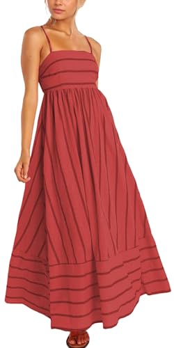 Damen Ästhetisches Kleid Spaghettiträgern Ärmelloses fließendes Kleid Strandparty Strappy Langkleid Bohemian Gestreiftes A-Linien Kleid Rot S von Happy Cherry