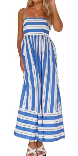 Damen Gestreiftes Maxi Cami Kleid Lockeres Ärmelloses Kleid Spaghettiträgern Quadratischer Ausschnitt Boho Kleid Fließendes Strand Langes A-Linien Sonnenkleid Blau XL von Happy Cherry
