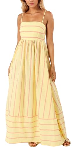 Damen Gestreiftes Maxi Cami Kleid Lockeres Ärmelloses Kleid Spaghettiträgern Quadratischer Ausschnitt Boho Kleid Fließendes Strand Langes A-Linien Sonnenkleid Gelb XL von Happy Cherry