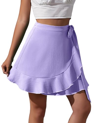 Damen High Taille Wrap Around Rock Asymmetrischer Split Saum Solide A-Linie Binden Up Taille Overlap Rock für Geschäft Arbeiten Treffen Lila XL von Happy Cherry