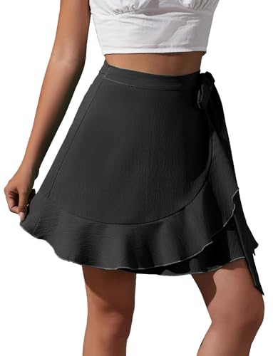 Damen High Taille Wrap Around Rock Asymmetrischer Split Saum Solide A-Linie Binden Up Taille Overlap Rock für Geschäft Arbeiten Treffen Schwarz XL von Happy Cherry
