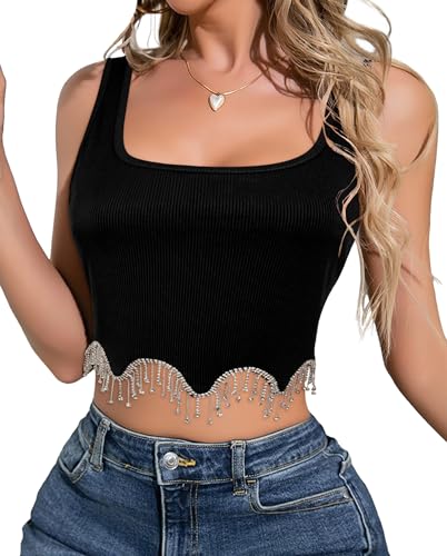 Damen Strass Fringe Trim Crop Top Rippstrick Ärmellos Quadratischer Hals Tank Top Glitter Quaste Elastische Solide Clubwear Top Weste Schwarz M von Happy Cherry