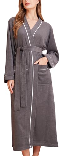 Damen Waffel Stricktaschen Kimono Spa Bath Roben Absorbierende Schnell Trocknende Weiche Maxi Bademantel Leichte Nachthemden Frottee Hausmäntel Grau 3XL von Happy Cherry