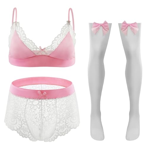 Durchsichtige Büstenhalter Unterwäsche Strümpfe Set für Männer Valentinstag Sheer Lace Unterwäsche Set Hochzeitsnacht Rosa Weiß XL 3 Stück von Happy Cherry