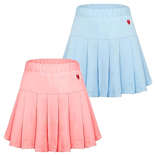 Faltenrock 2 stück Mädchen Uniform Rock Schuluniform Kinder Tennisrock mit Innenhose Sportrock Plissee Rock Baumwolle Rosa+Blau Größe 130(120-128) von Happy Cherry