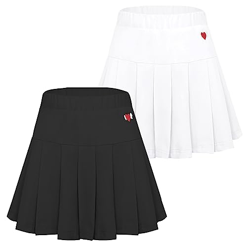 Faltenrock 2 stück Mädchen Uniform Rock Schuluniform Kinder Tennisrock mit Innenhose Sportrock Plissee Rock Baumwolle Schwarz+Weiß Größe 130(120-128) von Happy Cherry