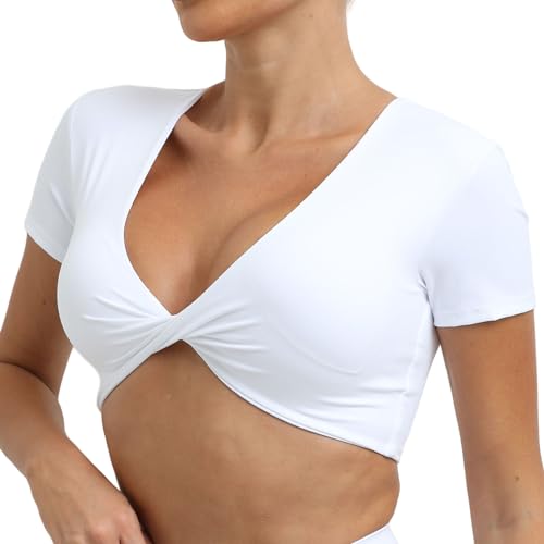 Frauen Mode Yoga T-Shirts Einfarbig Kurze Ärmel Athletische Crop Top Tiefes V-Ausschnitt Nahtlos Workout Gym Top Schlank Fit Cropped Aktivkleidung Weiß M von Happy Cherry