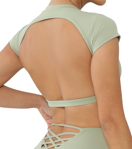 Frauen Open Back Yoga T-Shirts Einfarbig Kurze Ärmel Athletische Crop Top Rundhalsausschnitt Nahtlos Workout Gym Top Schlank Fit Cropped Aktivkleidung Grün M von Happy Cherry