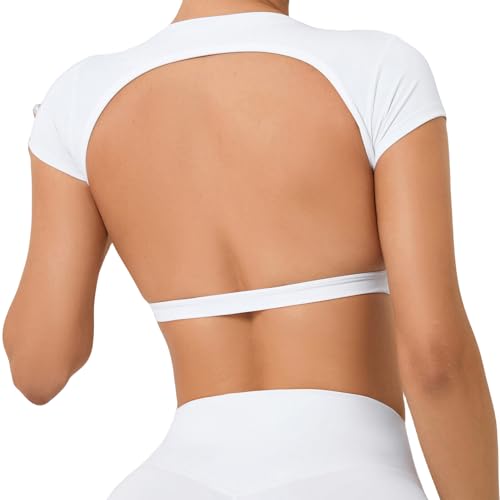 Frauen Open Back Yoga T-Shirts Einfarbig Kurze Ärmel Athletische Crop Top Rundhalsausschnitt Nahtlos Workout Gym Top Schlank Fit Cropped Aktivkleidung Weiß M von Happy Cherry