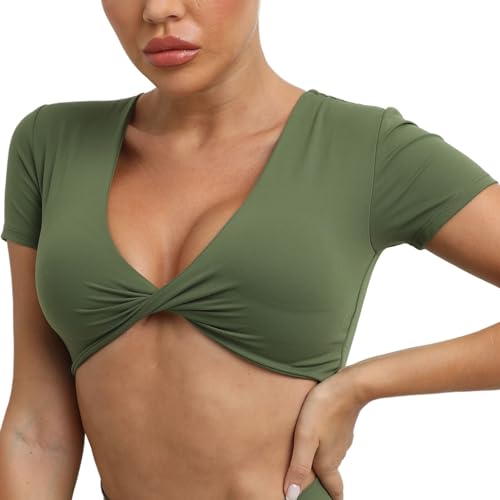 Frontwendung Yoga Tees für Frauen Basic V-Ausschnitt Kurzarm T-Shirts Athletische Trainieren Fitnessstudio Läuft Tops Strecken Nahtlose Sport Crop Tops Grün S von Happy Cherry