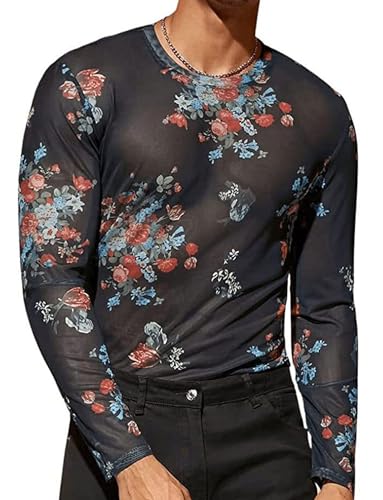 Geblümt Hohl Out Herren Hemd Langarm Lässig Mode T-Shirt Muskel Unterhemd Blusen Hawaii Hemd Strassenmode Geblümt L von Happy Cherry