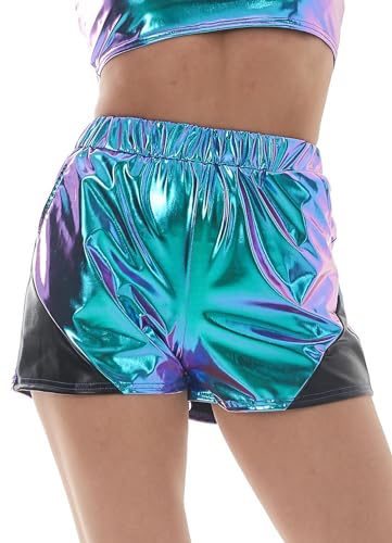 Glänzende Rave Elastische Hohe Taille Sexy Hot Shorts für Frauen Anti-Falten Festival Tanzhose für Weihnachten Nachtclub Blau XXL von Happy Cherry