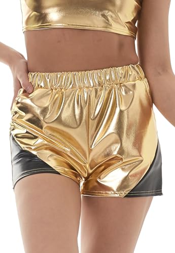 Glänzende Rave Elastische Hohe Taille Sexy Hot Shorts für Frauen Anti-Falten Festival Tanzhose für Weihnachten Nachtclub Gold XXL von Happy Cherry