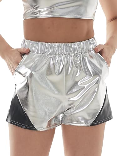 Glänzende Rave Elastische Hohe Taille Sexy Hot Shorts für Frauen Anti-Falten Festival Tanzhose für Weihnachten Nachtclub Silber XL von Happy Cherry