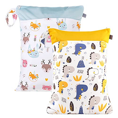 Happy Cherry 2er Pack Nasstaschen Groß Windelbeutel Waschbar Wet Bag Set für Stoffwindeln Stoffdruck Wickeltasche Unterwegs Kindergarten Dinosaurier Tier von Happy Cherry
