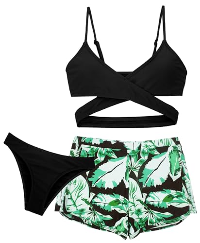 Happy Cherry 3 Stück Mädchen Bikini Sets Badeanzug Kinder 50 UPF UV Sonnenschutz Bademode Teenager Schwimmanzug Rückenfrei Top+Triangel Bikinihose+Shorts für 8-9 Jahre von Happy Cherry