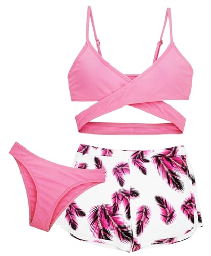 Happy Cherry 3 Stück Mädchen Bikini Sets Badeanzug Kinder 50 UPF UV Sonnenschutz Bademode Teenager Schwimmanzug Rückenfrei Top+Triangel Bikinihose+Shorts für 8-9 Jahre von Happy Cherry