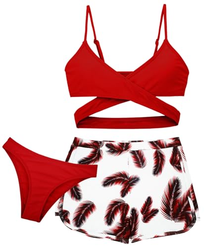 Happy Cherry 3 Stück Mädchen Bikini Sets Badeanzug Kinder 50 UPF UV Sonnenschutz Bademode Teenager Schwimmanzug Rückenfrei Top+Triangel Bikinihose+Shorts für 8-9 Jahre von Happy Cherry