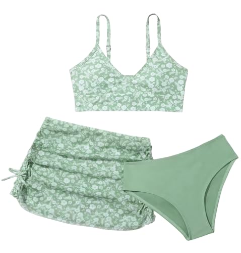 Happy Cherry 3 Stück Mädchen Bikini Sets Badeanzug Kinder Blumendruck Bademode Teen Schwimmanzug Rückenfrei Top+Triangel Bikinihose+Hawaii Strandrock Grün 140 von Happy Cherry