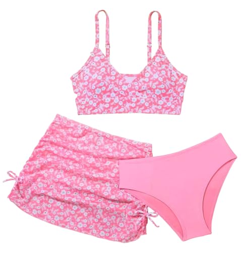 Happy Cherry 3 Stück Mädchen Bikini Sets Badeanzug Kinder Blumendruck Bademode Teen Schwimmanzug Rückenfrei Top+Triangel Bikinihose+Hawaii Strandrock Rosa 140 von Happy Cherry