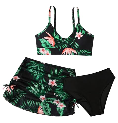 Happy Cherry 3 Stück Mädchen Bikini Sets Badeanzug Kinder Blumendruck Bademode Teen Schwimmanzug Rückenfrei Top+Triangel Bikinihose+Hawaii Strandrock Schwarz 140 von Happy Cherry