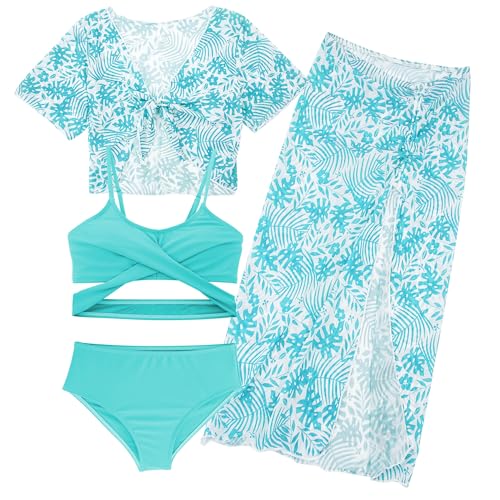 Happy Cherry 4 Stück Mädchen Bikini Sets Badeanzüge mit Cover Up Kimono Rock Strandkleid 9-10Jahre von Happy Cherry