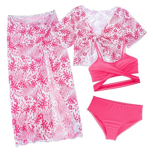 Happy Cherry 4 Stück Mädchen Bikini Sets mit Cover up Set Teen Badeanzüge Sonnenschutz Bademode Kinder Floral Print Schwimmanzug Sommer Strand Schwimmen Kostüm 7-8 Jahre von Happy Cherry