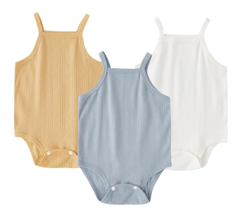 Happy Cherry - Ärmelloses Body für Babys Mädchen Junge 3er-Pack Strampler Atmungsaktiv Neugeborene Kleinkinder Sommerkleider Bequem Weich mit Spaghettiträgern - 0-3 Monate - Weiß+Gelb+Blau von Happy Cherry