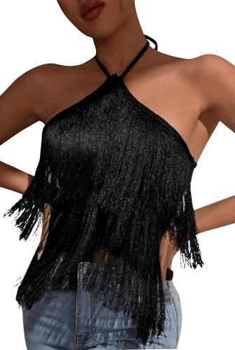 Happy Cherry Asymmetrische Fransen Saum Crop Top für Frauen Lange Quaste Neckholder Tank Top Y2K Rave Party Lässig Weste Schwarz L von Happy Cherry