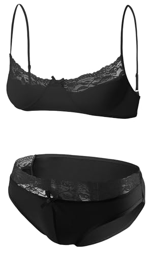 Ausgeschnittenes Haken und Ösen Verschluss BH Slip Set für Herren Durchsichtiges Sissy Unterwäsche Set Valentinstag Schwarz L von Happy Cherry