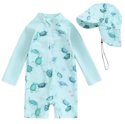 Happy Cherry Baby Badebekleidung Langarm Jungen UV Schutz 50+ Einteilige Bademode Grüne Schildkröte Reißverschluss vorne Rash Guard mit Hut 100 von Happy Cherry