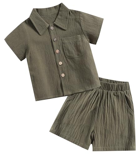 Happy Cherry Baby Junge Baumwolle Leinen Kurzarm Shorts Set Kleinkind Button Down Sommer Outfit Einfarbig Shirt und Elastische Taille Shorts Kleidung Set 12-18 Monate von Happy Cherry