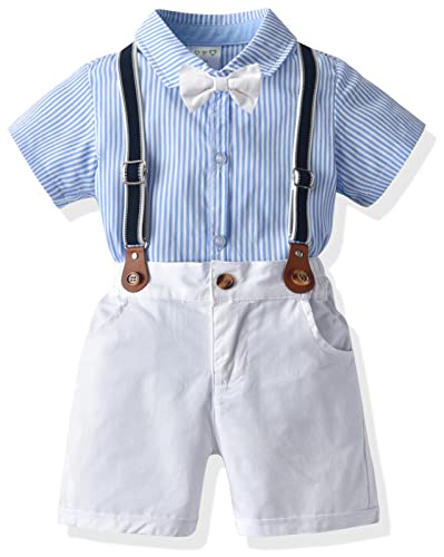 Happy Cherry- Baby Jungen Gentleman Anzüge Kurzarm Hemd Strampler mit Fliege + Hosenträger Shorts 4 Stück Baumwolle Sommer Anzug Set Strampler Kleidung Sets Festliche Taufe Hochzeit Shorts Set von Happy Cherry