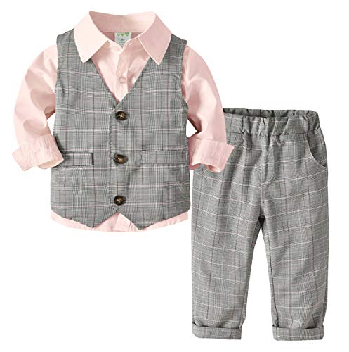 Happy Cherry Baby Jungen Taufanzug Hochzeitanzug Bekleidungset Festliche Gentleman Baumwolle Jumpsuit Langarm Hemd Fliege Weste Hose-Grau + Rosa-100 von Happy Cherry