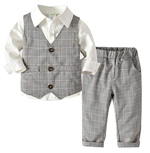 Happy Cherry Baby Jungen Taufanzug Hochzeitanzug Bekleidungset Festliche Gentleman Baumwolle Jumpsuit Langarm Hemd Fliege Weste Hose-Grau + Weiß-110 von Happy Cherry