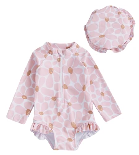 Happy Cherry Baby Langarm Badeanzug Mädchen Bademode mit Badekappe EIN Stück Swimsuit Kleinkind Stück Badeanzug Sonnenschutz Schwimmen Kleindung 80/6-12 Monate von Happy Cherry