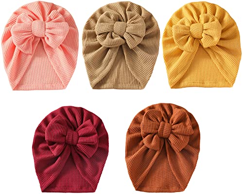 Happy Cherry Baby Mädchen Baumwolle Beanie Mütze Kinder Weiche Einfarbige Kopfbandagen mit Schleife 5 Stück Neugeboren Stirnband Beanie von Happy Cherry