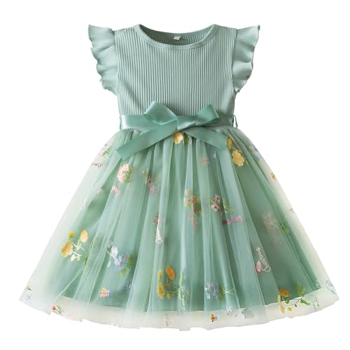 Happy Cherry Baby Mädchen Rüschenärmel Blume Stickerei Tüllkleid Geburtstag Partykleid Elegant Festlich Sommer A-Linien Abendkleid Grün 1 Jahre von Happy Cherry