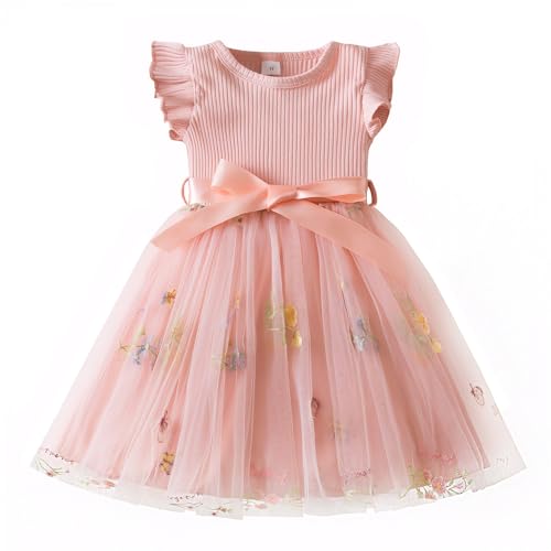 Happy Cherry Baby Mädchen Rüschenärmel Blume Stickerei Tüllkleid Geburtstag Partykleid Elegant Festlich Sommer A-Linien Abendkleid Rosa 1 Jahre von Happy Cherry