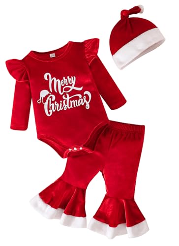 Happy Cherry Baby Mädchen Samt Kleidung Outfit Langarm Rüschen Body Strampler & Lange Schlaghose & Mütze Anzug Neugeborene Weihnachts Bekleidungsset von Happy Cherry