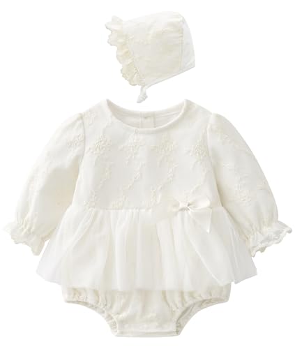 Happy Cherry Baby Mädchen Taufkleider Kleinkind Langarm Hochzeit Geburtstag Party Kleid Outfit Frühling Herbst Prinzessin Kleid mit Hut 0-3 Monate von Happy Cherry