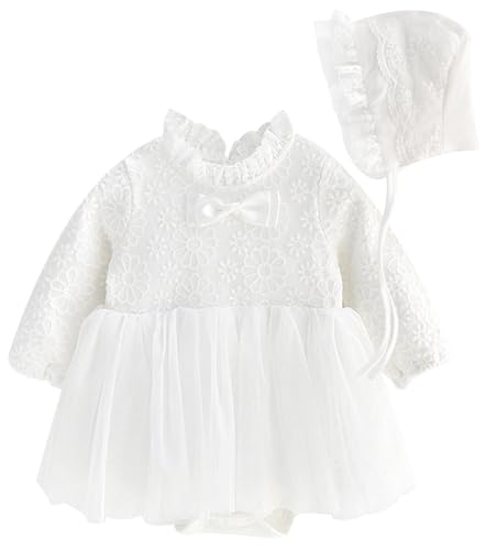 Happy Cherry Baby Mädchen Taufkleider Kleinkind Langarm Hochzeit Geburtstag Party Kleid Outfit Frühling Herbst Prinzessin Kleid mit Hut 0-3 Monate von Happy Cherry