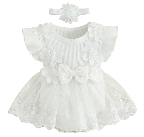 Happy Cherry - Baby Mädchen Tüllkleid Spitzen Ärmellos Rüschen für Hochzeit Zeremonie Kleinkind Taufkleider Sommer Neugeborenen Blumenstickerei Kleid Baumwoll mit Stirnband - 3-6 Monate - Weiß von Happy Cherry