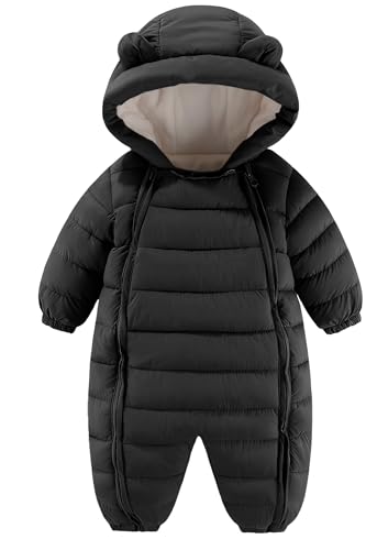 Happy Cherry - Baby Overall Schneenanzüge Winter Mädchen Junge Warme Strampler mit Kapuze Neugeborenes Spielanzug Lange Ärmel Jumpsuit Schneeanzug Kleinkind Wintermantel - 18-24 Monate - Schwarz von Happy Cherry