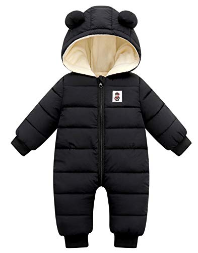 Happy Cherry - Baby Schneeanzug Winter mit Kapuze für Junge Mädchen Warmer Dicker Spielanzug Kleinkind Overall Schneenanzüge Lange Ärmel Kinder Strampler Jumpsuit Wintermantel - 3-6 Monate - Schwarz von Happy Cherry