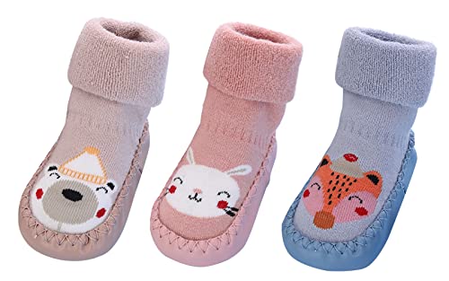 Happy Cherry Baby Sockenschuhe 3 Paar rutschfest Boden Socken Jungen Mädchen Baumwolle Lauflernschuhe Mittlerem Schlauch Babysocken Herbst Winter Cartoon Krabbelsocken von Happy Cherry