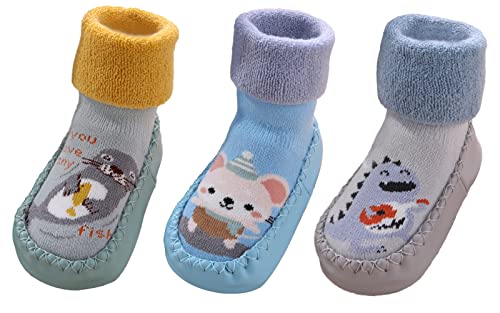 Happy Cherry Baby Sockenschuhe 3 Paar rutschfest Boden Socken Jungen Mädchen Baumwolle Lauflernschuhe Mittlerem Schlauch Babysocken Herbst Winter Cartoon Krabbelsocken von Happy Cherry