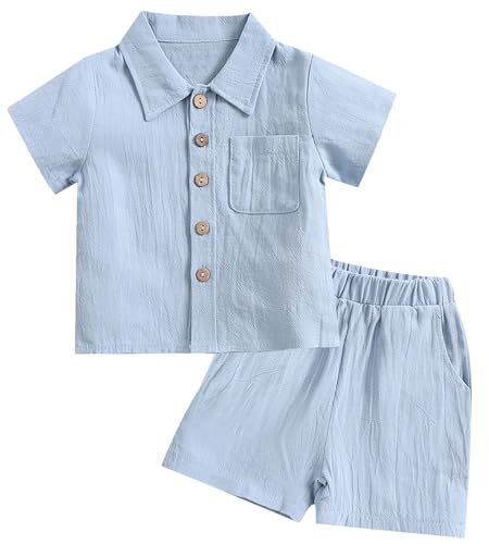 Happy Cherry Baby Sommer Outfits Leinen Set Babykleidung Hose und Kurzarm Knopfleiste T-Shirt Baumwolle Bekleidungssets 12-18M von Happy Cherry